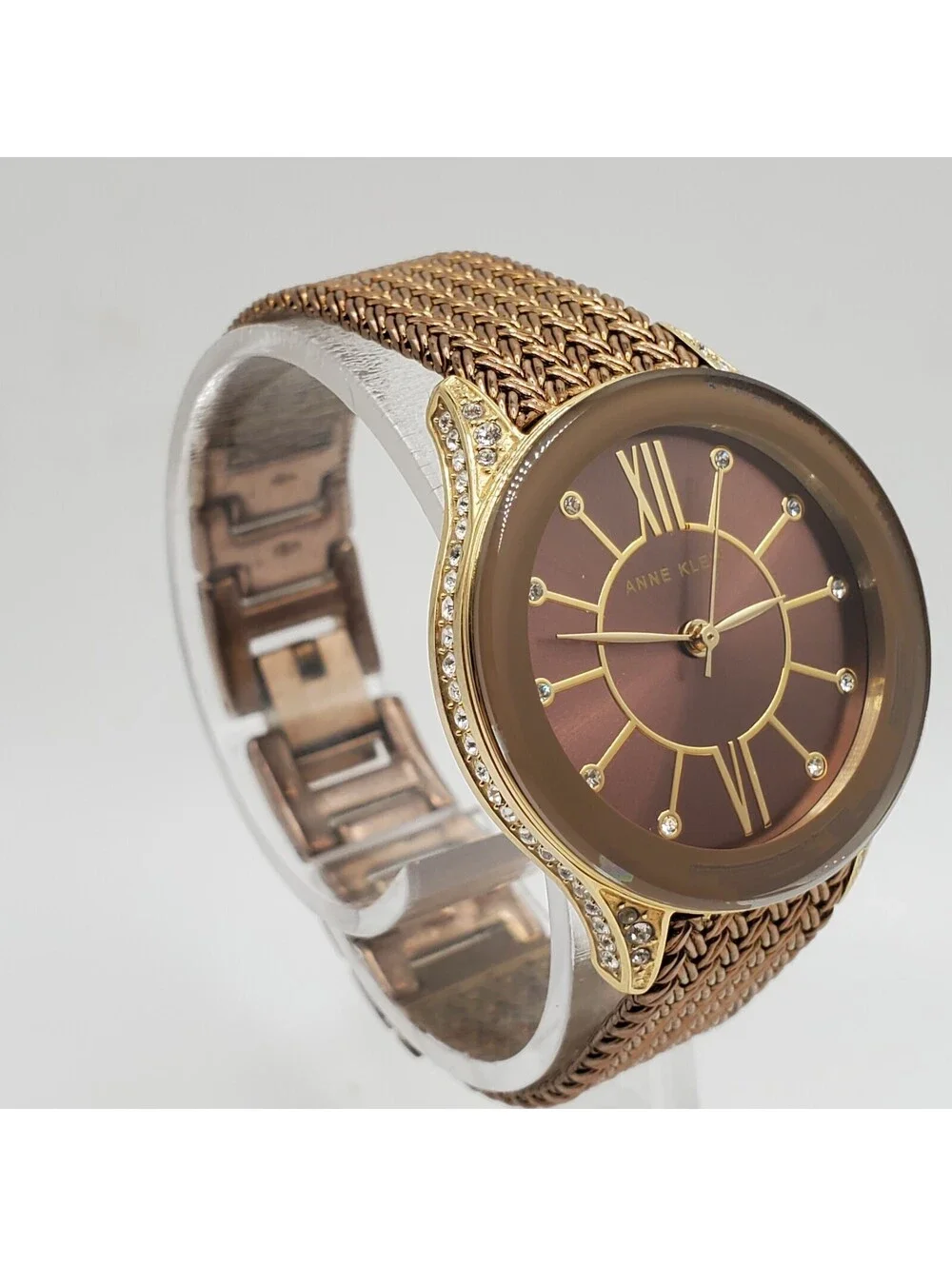 Ann Klein Gold Tone Rhinestone Case Watch Women 30mm New Battery